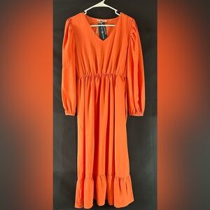 Michelle McDowell Coral Orange Midi Dress Long Sleeve V Neck Tiered M
